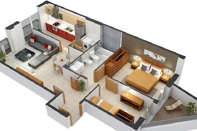 thiết kế 3D nội thất căn hộ hai phòng ngủ